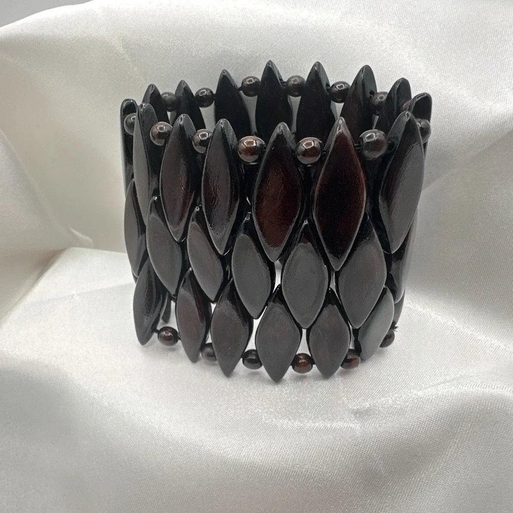 Vintage 90s Brown Wood Bead Stretch Cuff Bracelet Boho Jewelry